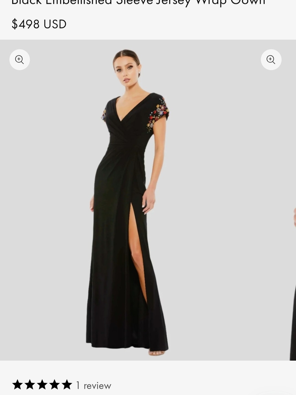Mac Duggal Black Jersey Gown with Multicolor Embellished Cap Sleeves
